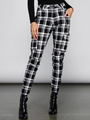 High Waist Plaid Joggers With Chain