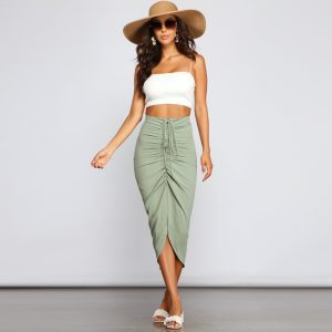 High-Rise Drama Ruched Midi Skirt