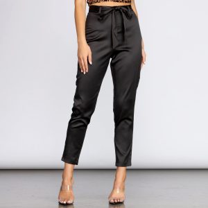 Tie Waist Satin Tapered Pants