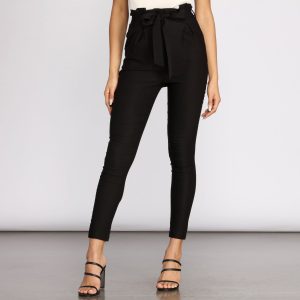 High Rise Tie Front Paper Bag Skinny Pants