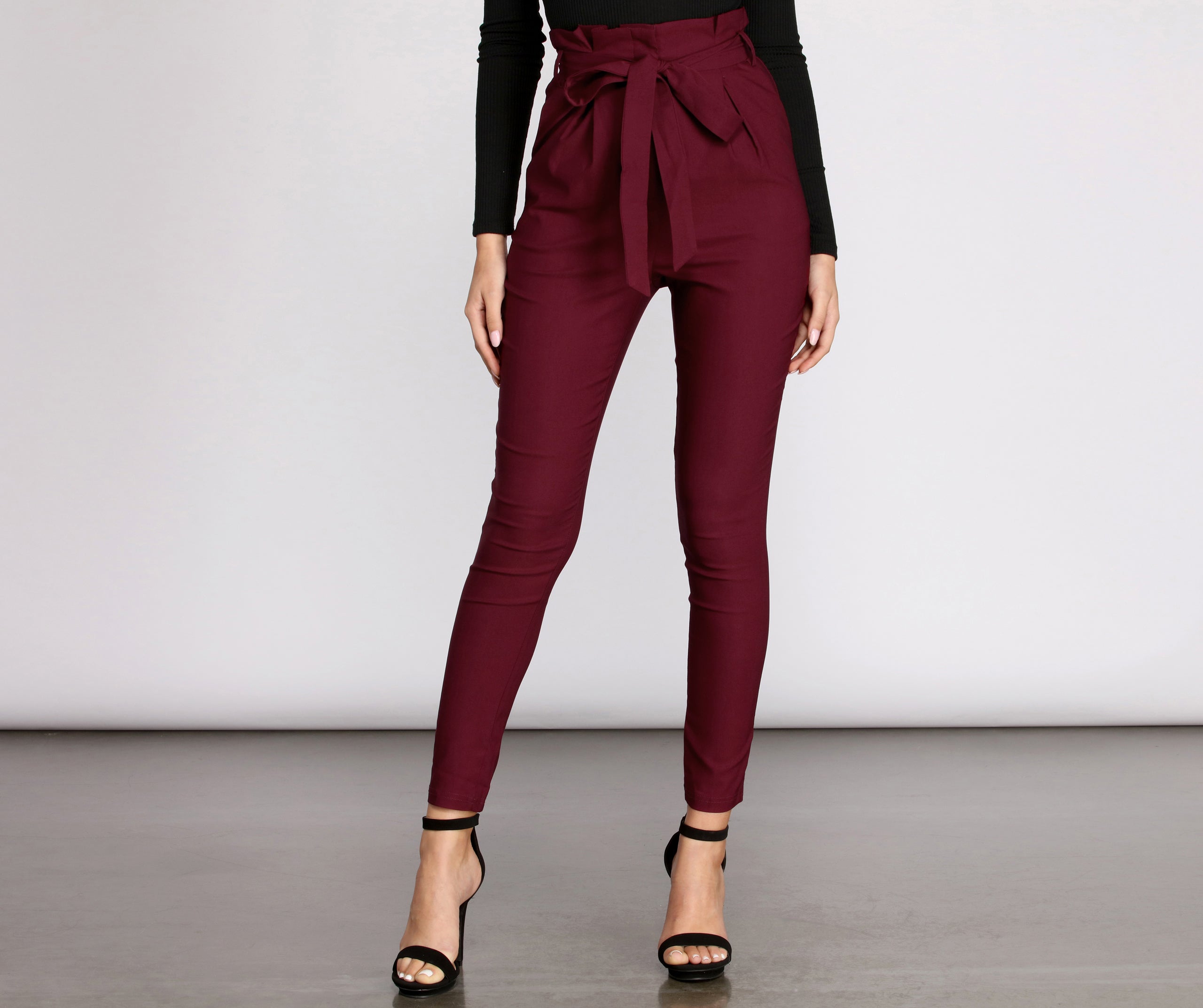 High Rise Tie Front Paper Bag Skinny Pants - Image 6