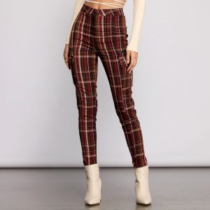 High Waist Plaid Cargo Skinny Pants