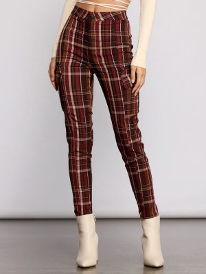 High Waist Plaid Cargo Skinny Pants