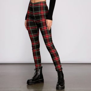 High Waist Plaid Zip Front Pants