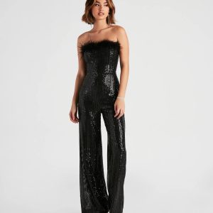 Always Fabulous Feather-Trim Sequin Jumpsuit