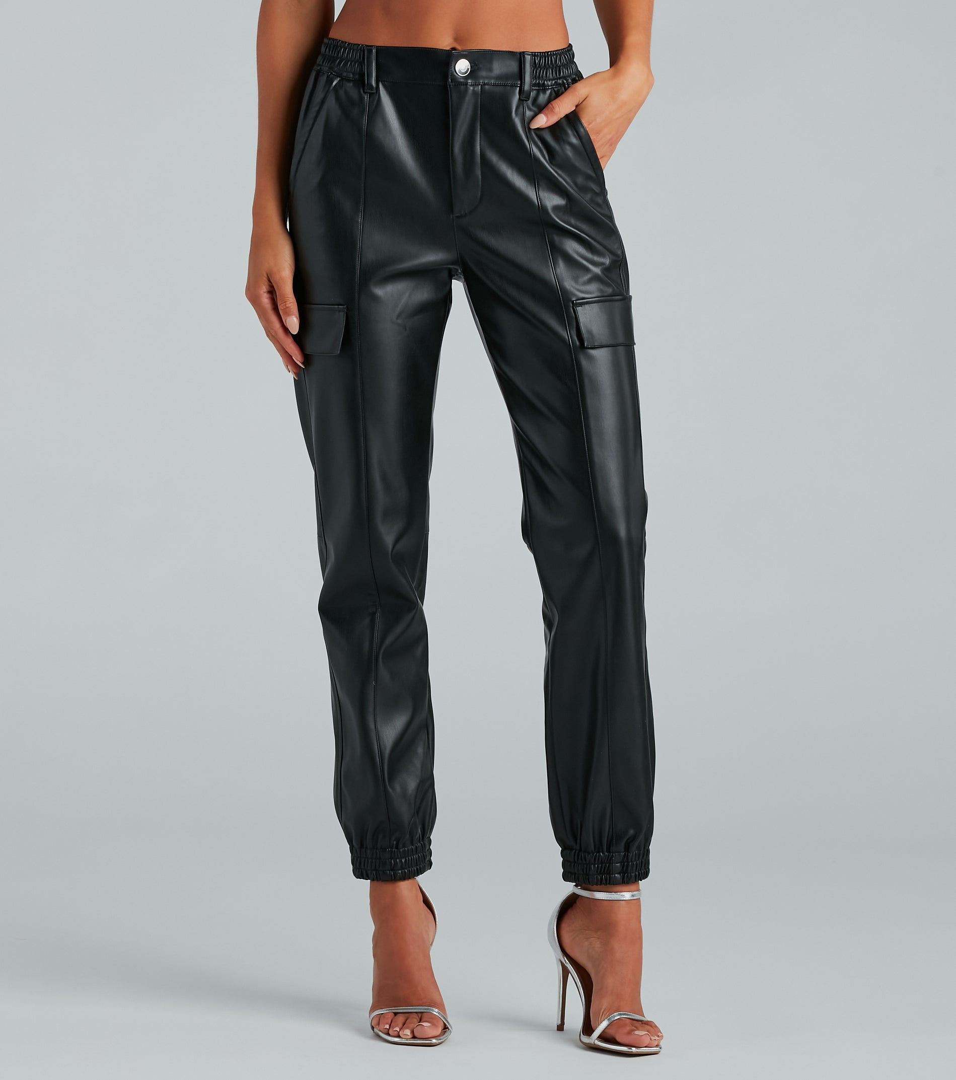 Utilitarian Flare Faux Leather Cargo Joggers - Image 2