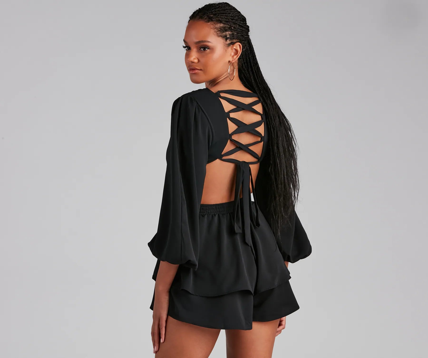 Out Of Town Lace-Up Chiffon Romper - Image 2