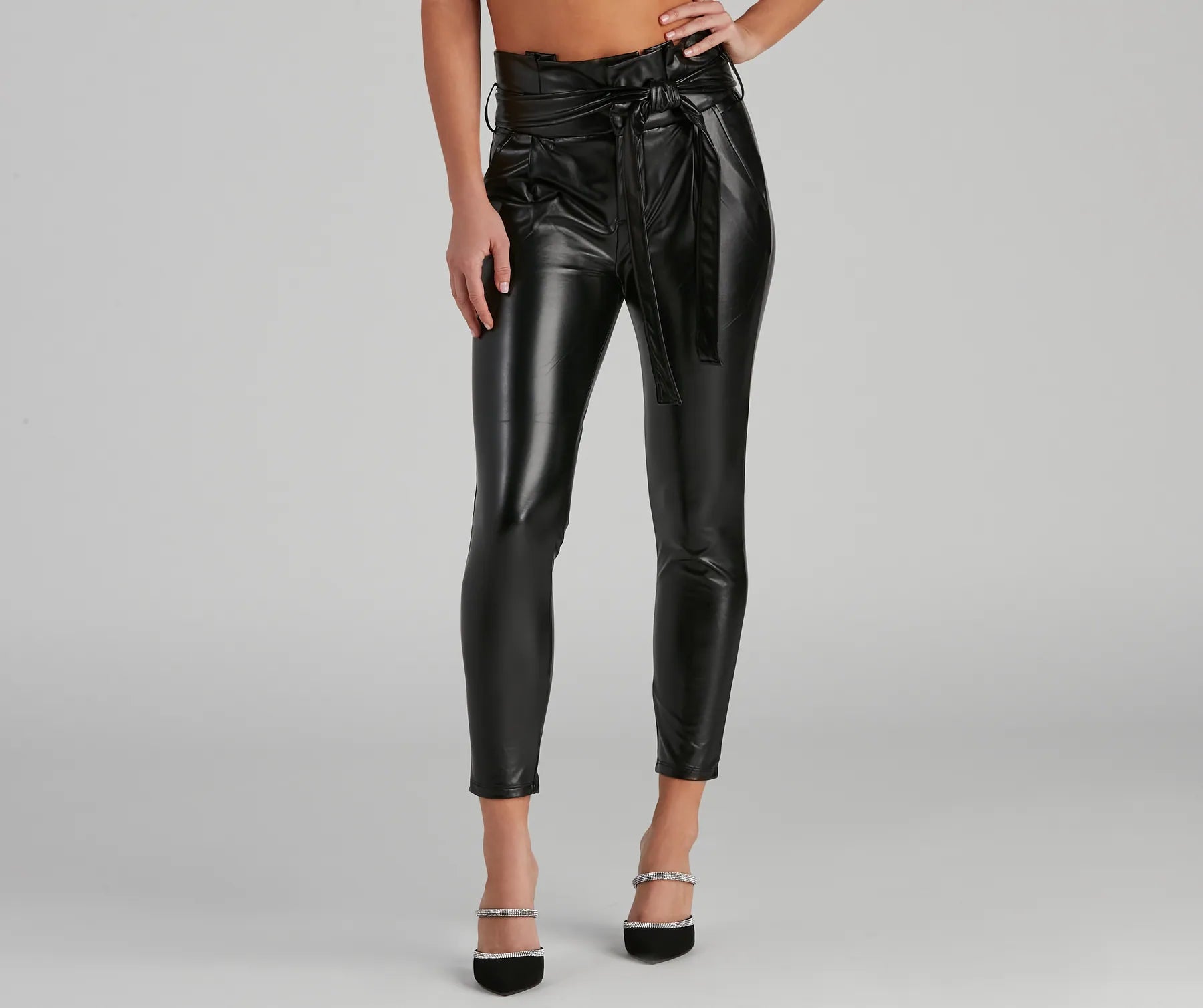 High Waist Faux Leather Paperbag Pants - Image 6