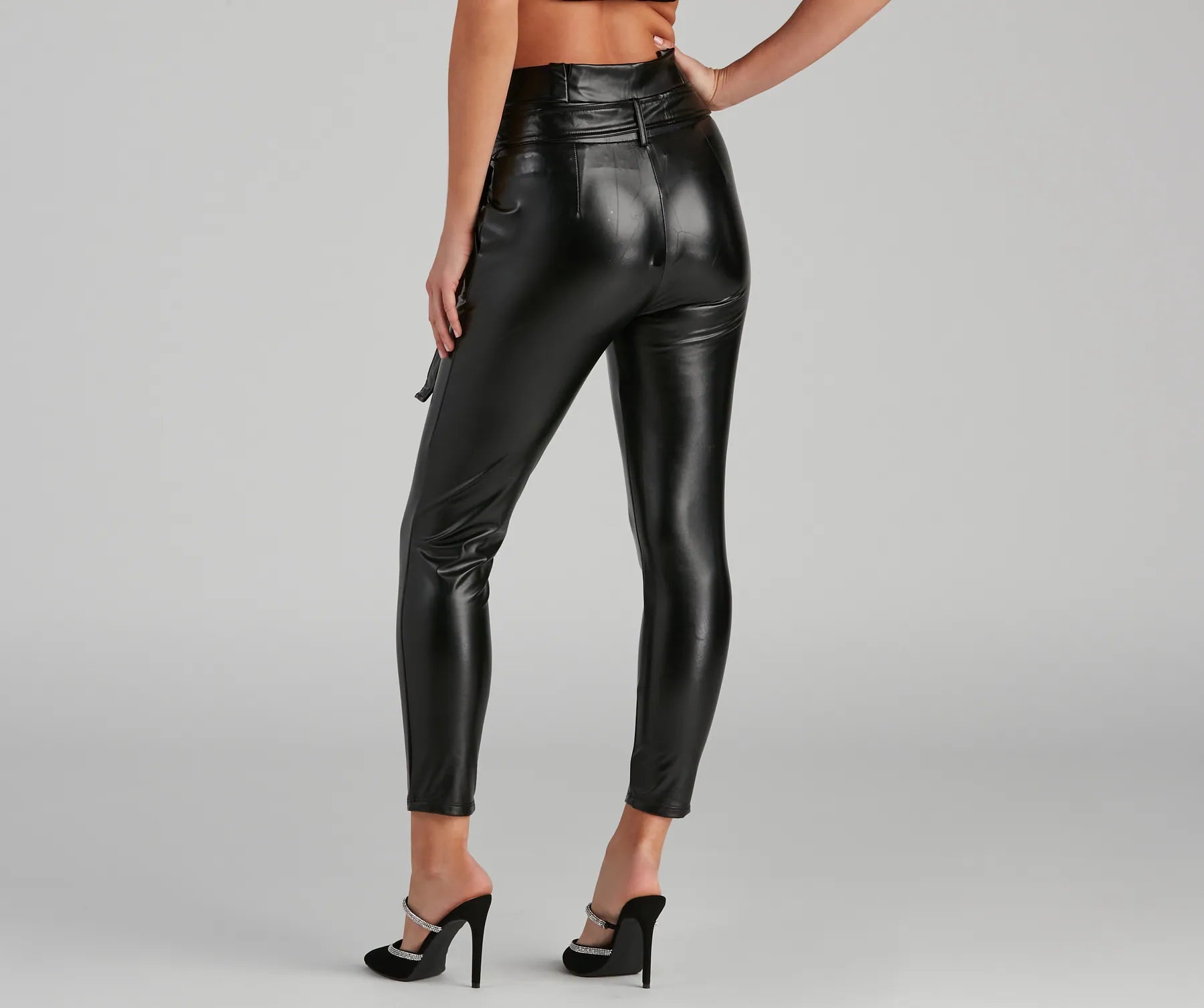 High Waist Faux Leather Paperbag Pants - Image 7