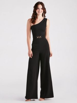 Chain Direction One Shoulder Crepe Jumpsuit