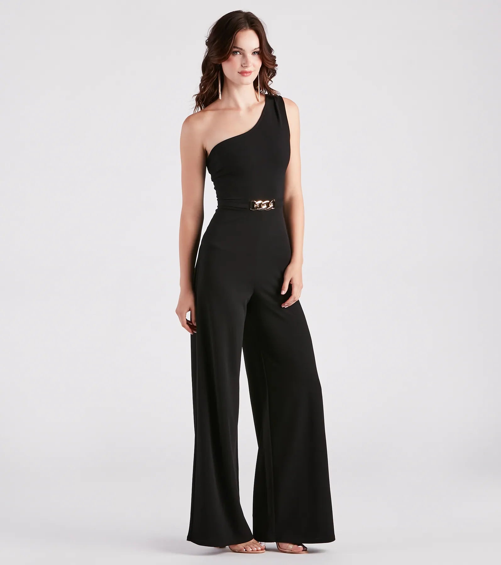 Chain Direction One Shoulder Crepe Jumpsuit - Image 3