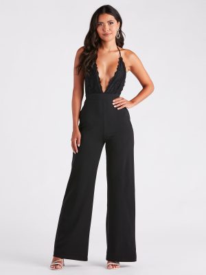 Chic Vibes Plunging Lace And Crepe Jumpsuit