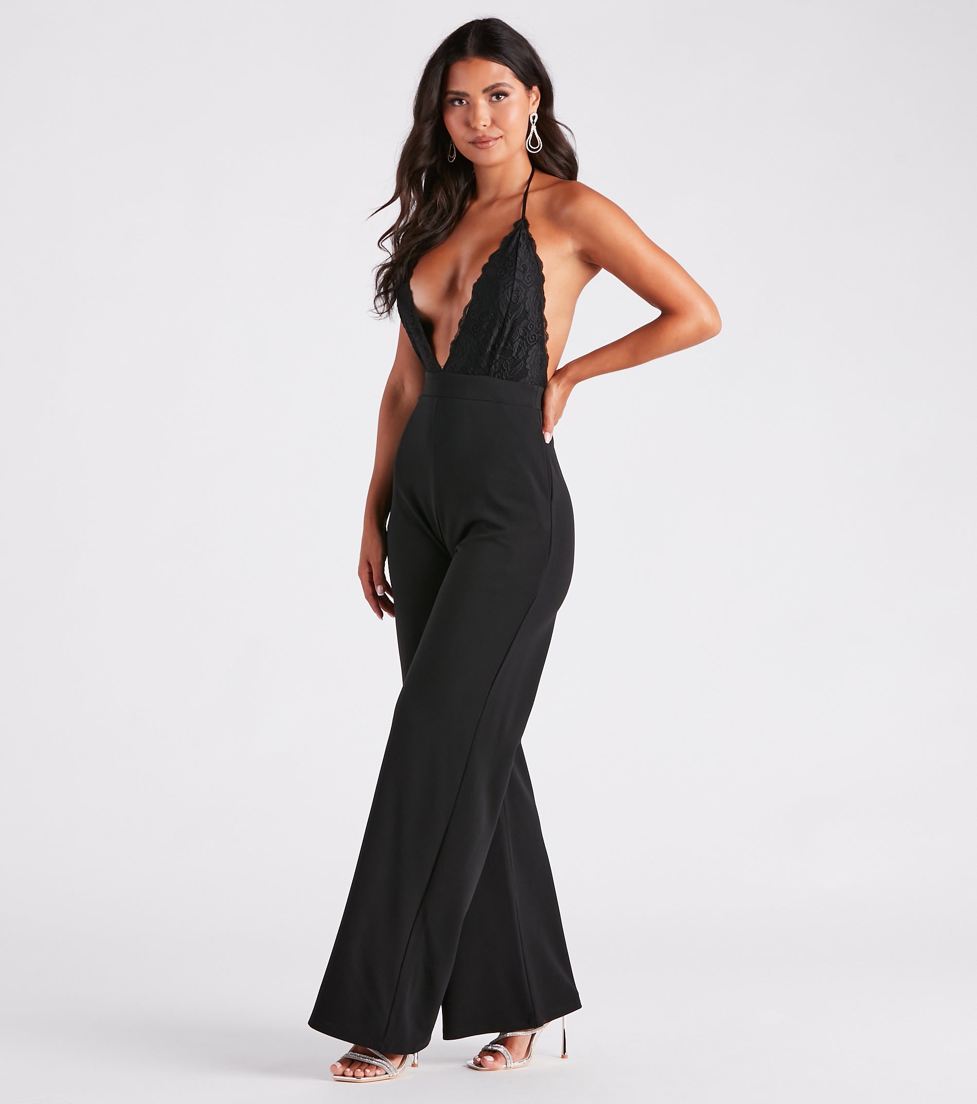 Chic Vibes Plunging Lace And Crepe Jumpsuit - Image 3