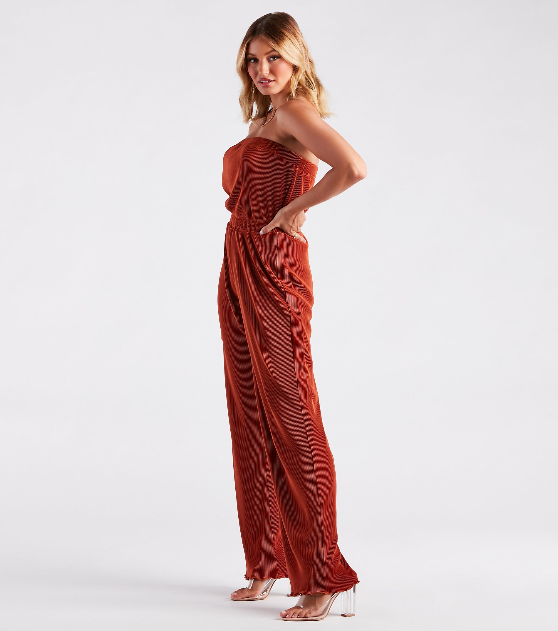Here To Play Satin Strapless Pleated Jumpsuit - Image 4