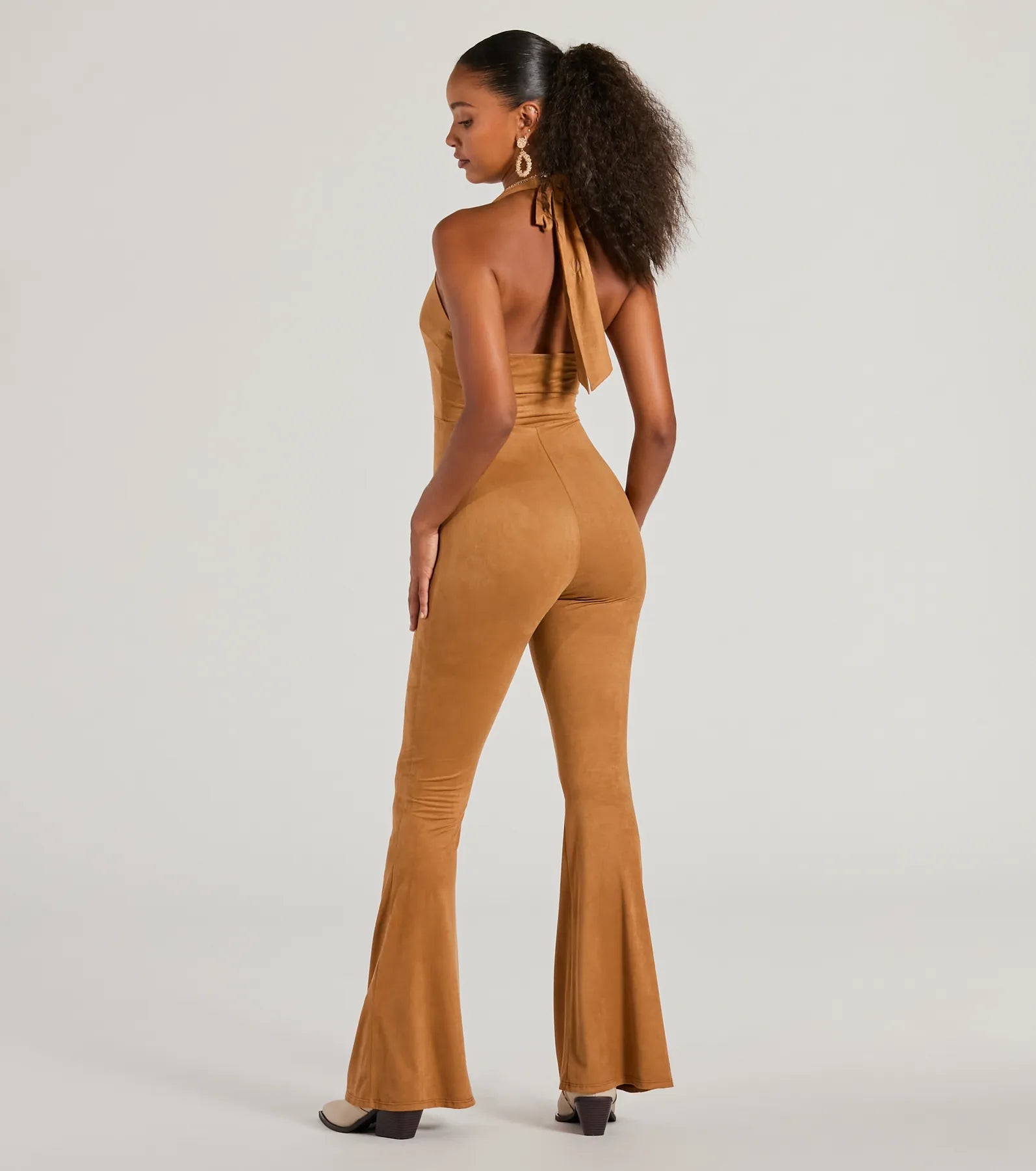 Eyes On Me Lace-Up Flare Faux Suede Jumpsuit - Image 6