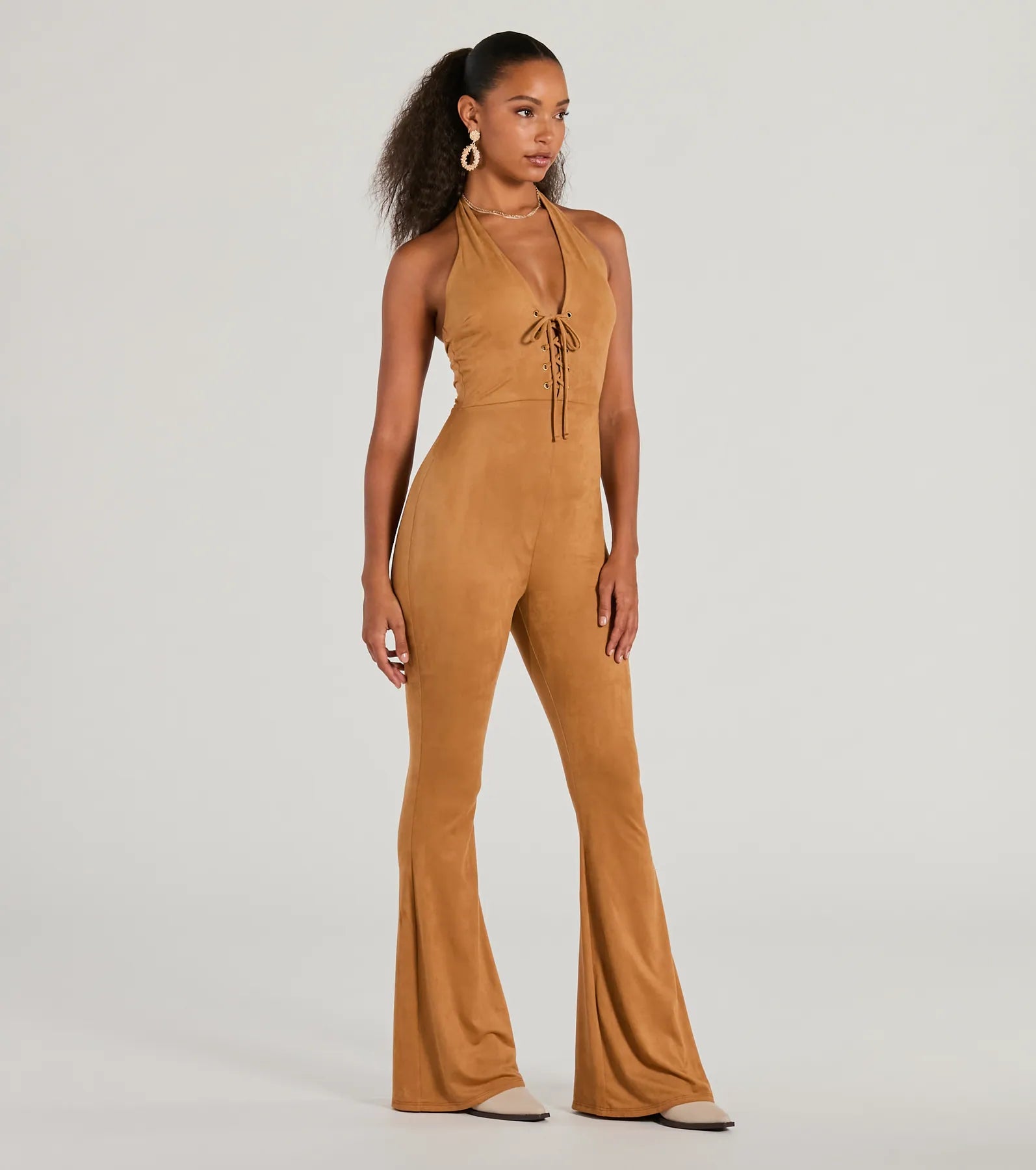 Eyes On Me Lace-Up Flare Faux Suede Jumpsuit - Image 8