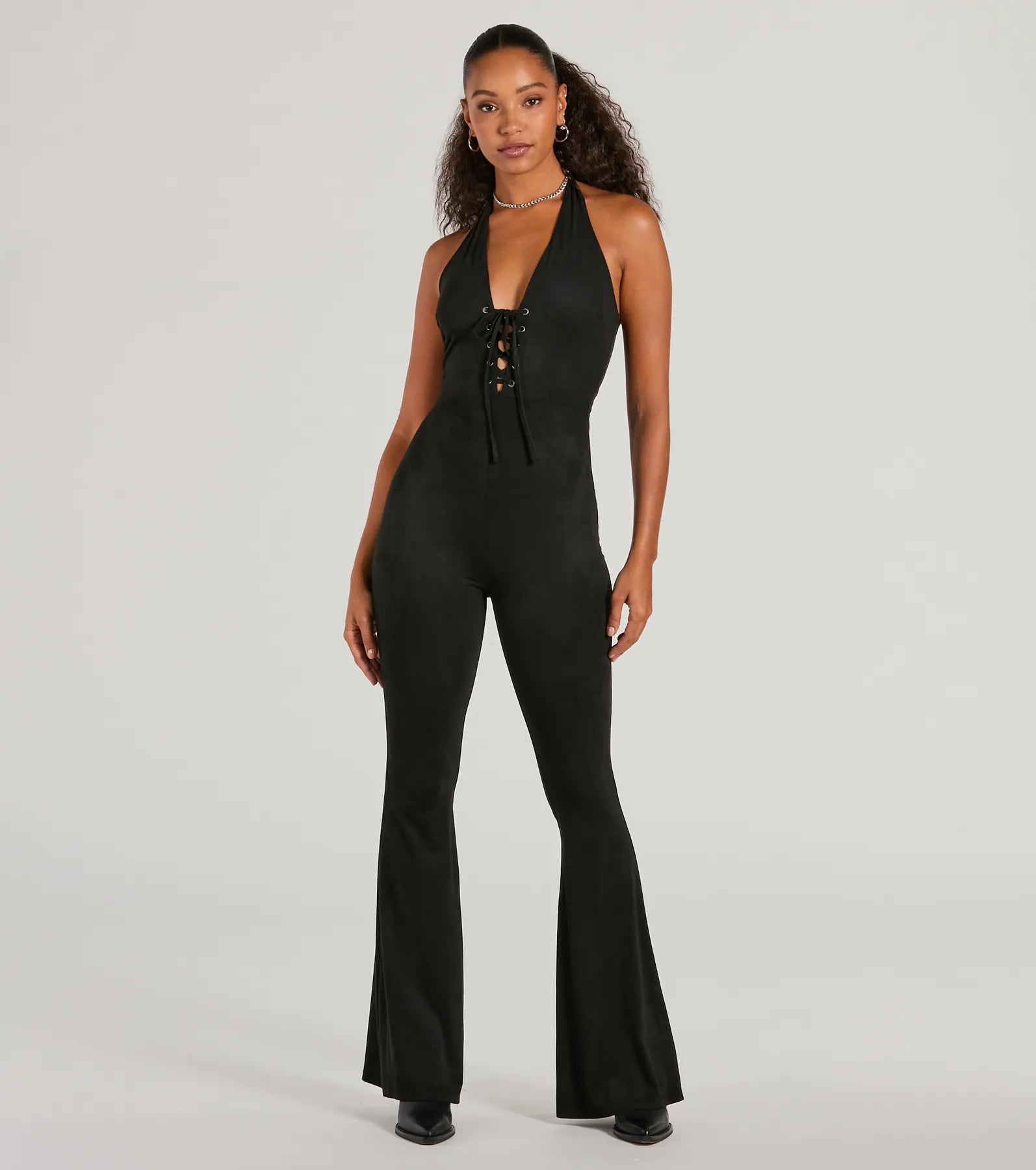Eyes On Me Lace-Up Flare Faux Suede Jumpsuit - Image 9
