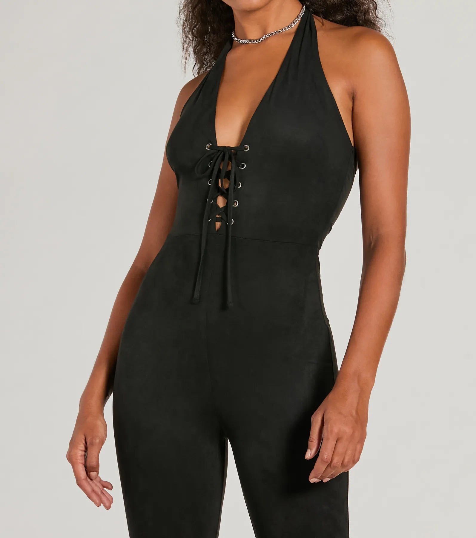 Eyes On Me Lace-Up Flare Faux Suede Jumpsuit - Image 11