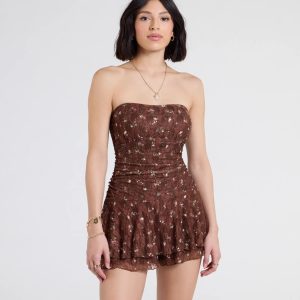 Smell The Roses Strapless Floral Lace Romper