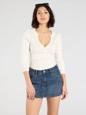 Tell Me About It Stud Mid Rise Denim Mini Skirt