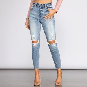Tobi Super High Waist Destructed Mom Jeans