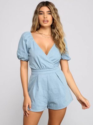 Sweet Style Puff Sleeve Denim Romper