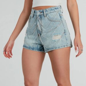 Pop Star Rhinestone High-Rise Denim Shorts