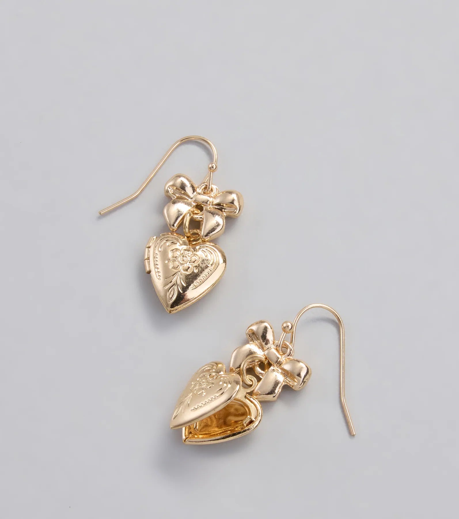 Cutesy Glam Bow Heart Locket Earrings - Image 2