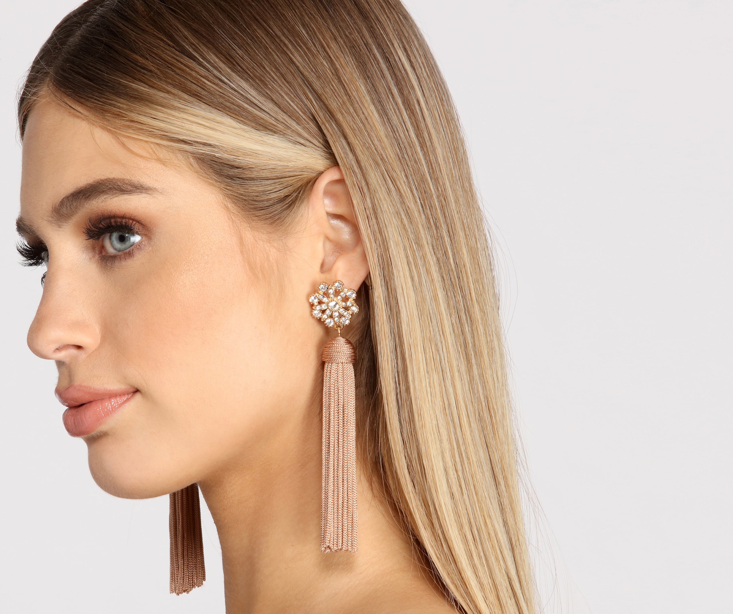 Flower Child Rhinestone Tassel Earrings - Image 2