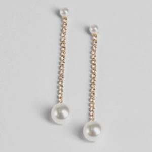 Simply Elegant Pearl And Rhinestone Drop Earrings