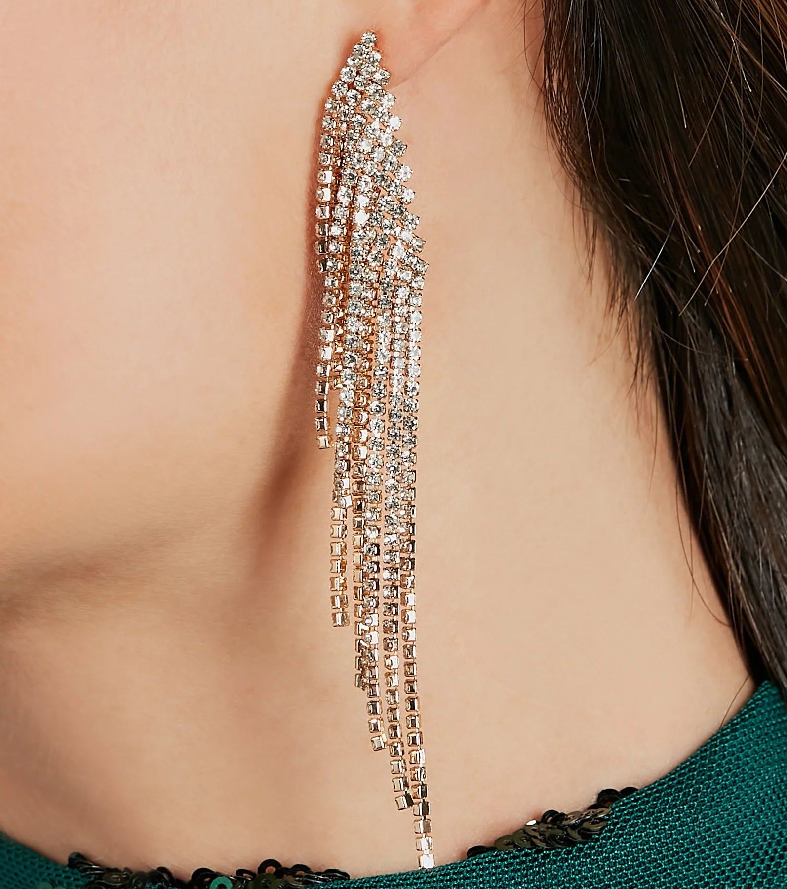 So Glamorous Rhinestone Fringe Earrings - Image 2