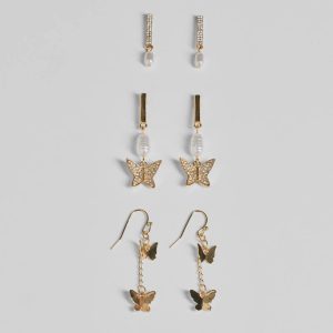Glam Rhinestone And Pearl Butterfly Earrings Set