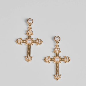 Blessed All Day Faux Pearl Cross Earrings