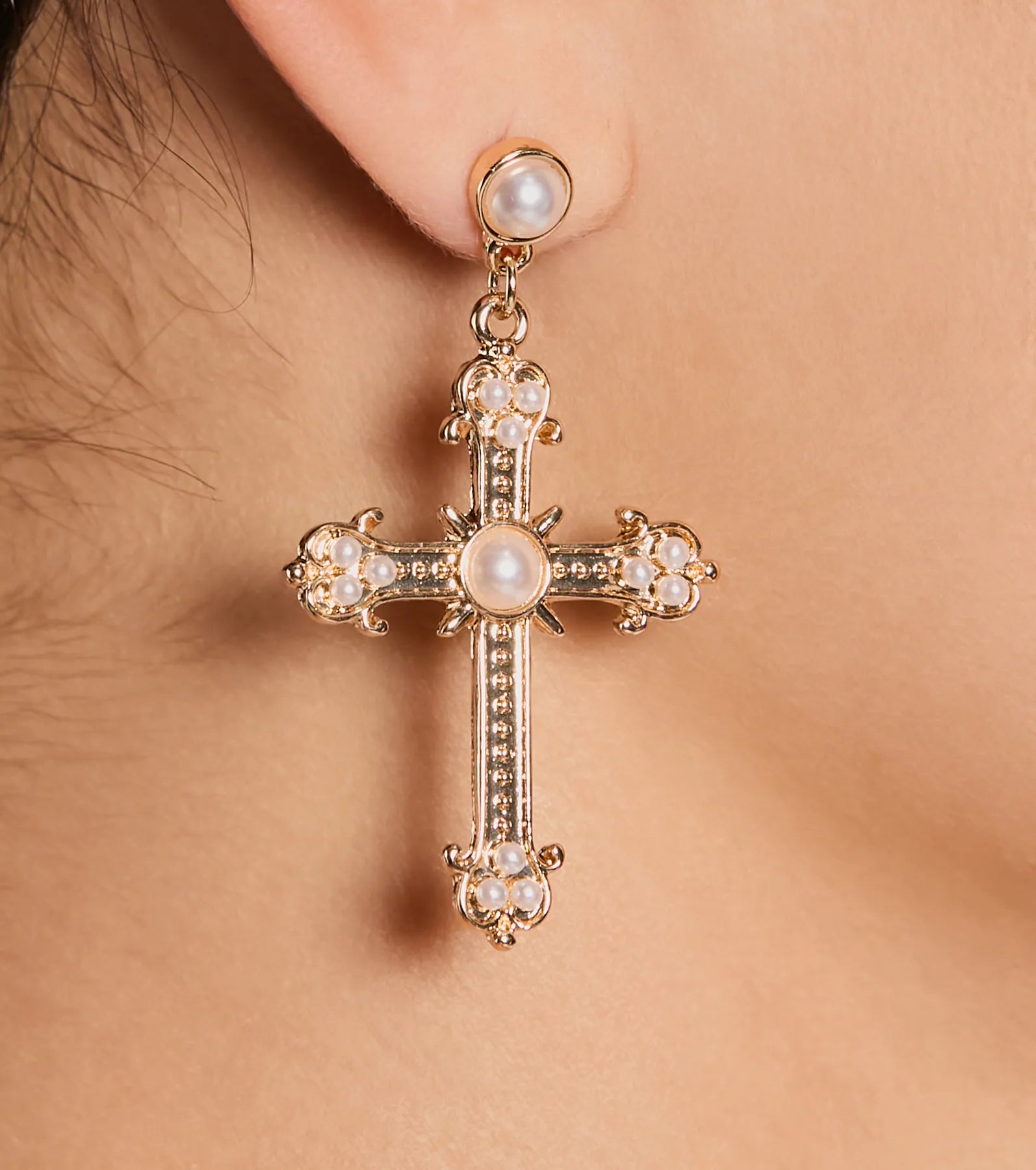 Blessed All Day Faux Pearl Cross Earrings - Image 3