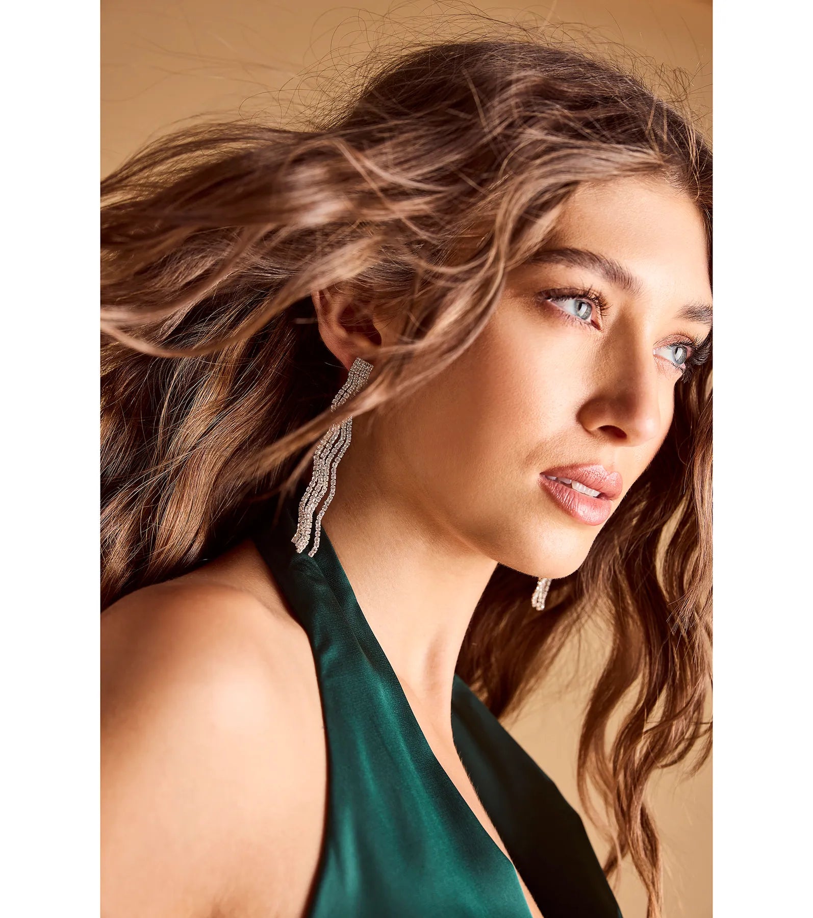 Glam Moment Wavy Rhinestone Fringe Earrings - Image 2