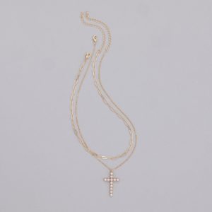 Devoted Love Faux Pearl Cross Chain Necklace