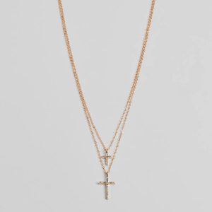 Chic Rhinestone Cross Charm Layered Necklace