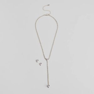 Simple Glitz Rhinestone Lariat Necklace And Stud Earrings Set