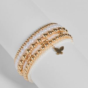 Butterfly Charm Faux Pearl Stretch Bracelet Set