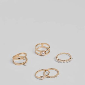 So Polished Faux Pearl Five Pack Ring Set