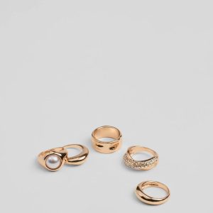 Stylish Stack Chunky Rhinestone And Pearl Ring Set