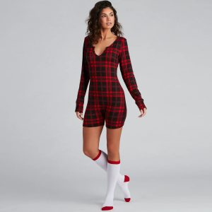 Plaid Pajama Romper And Socks Set