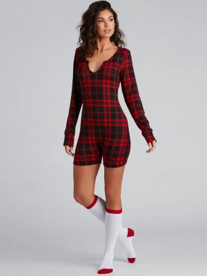 Plaid Pajama Romper And Socks Set
