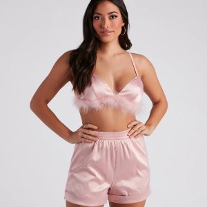 Flirtatious Satin Feather Trim Pajama Set