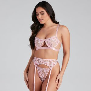 Floral Escape Mesh Bra And Panty Garter Set