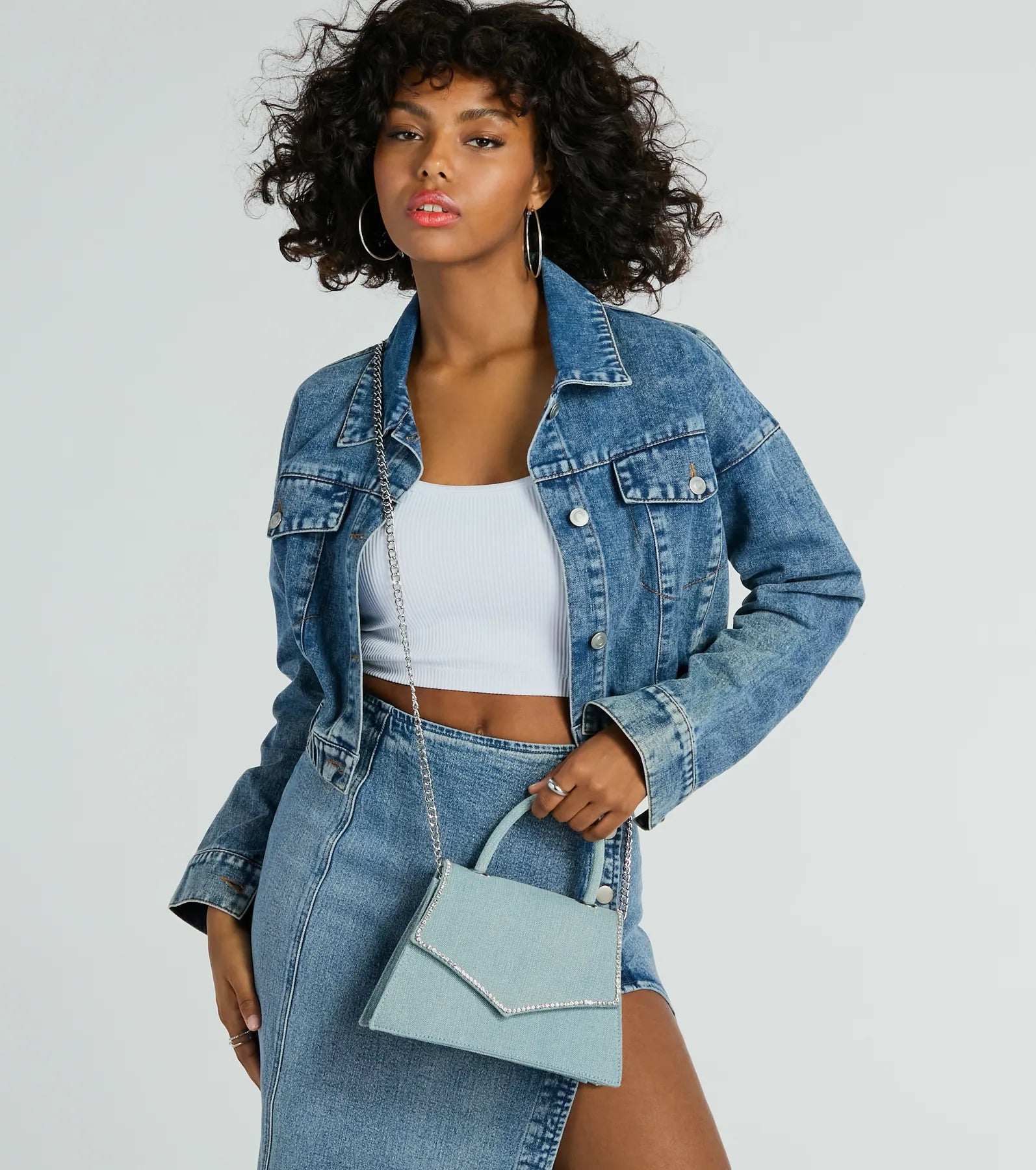 Radiant Rhinestone Trim Denim Mini Bag - Image 2