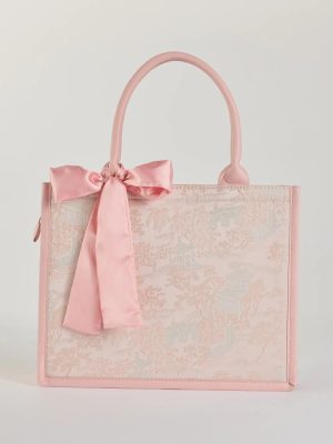 Scenic Embroidered Satin Bow Tote Bag