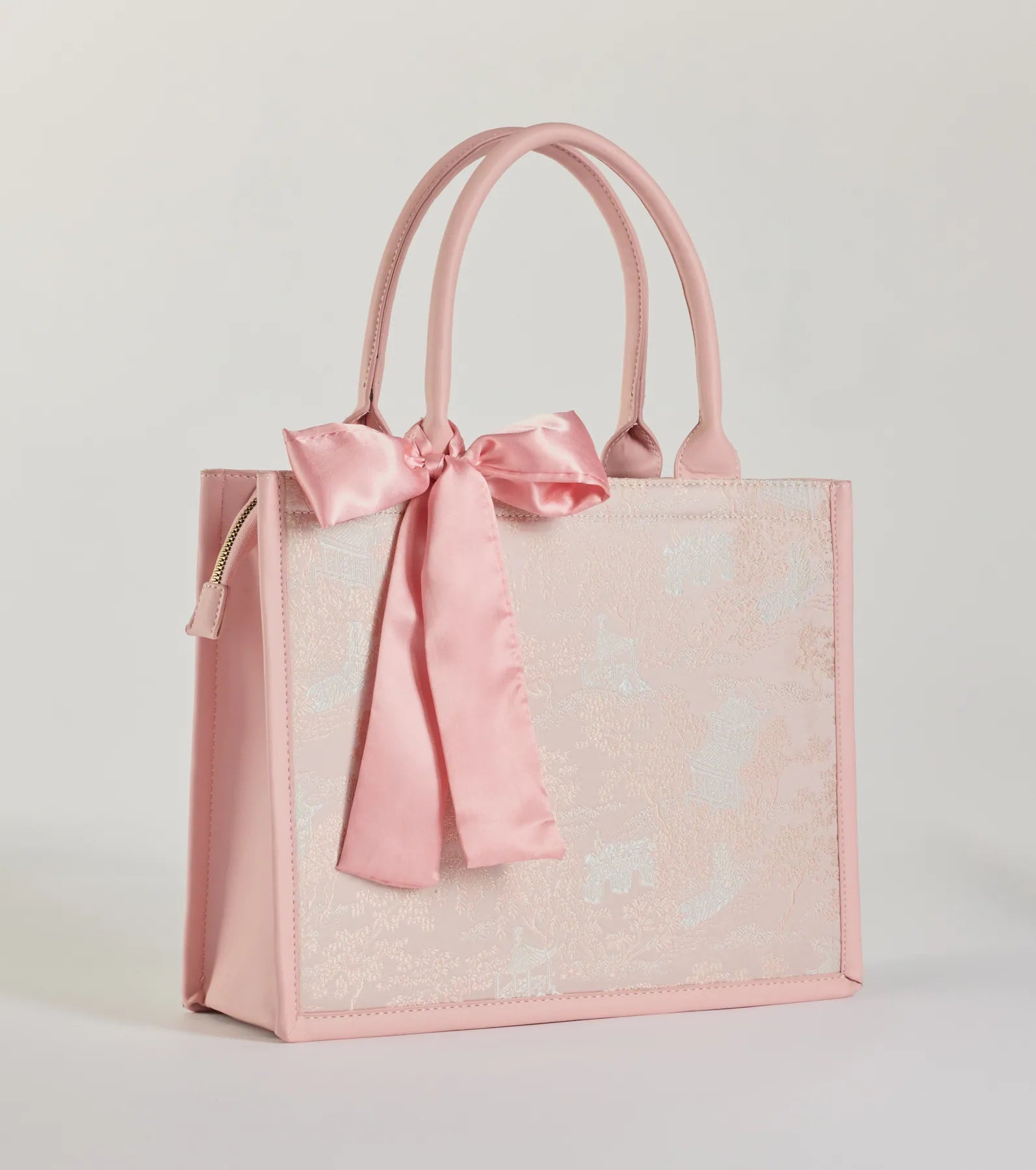 Scenic Embroidered Satin Bow Tote Bag - Image 2