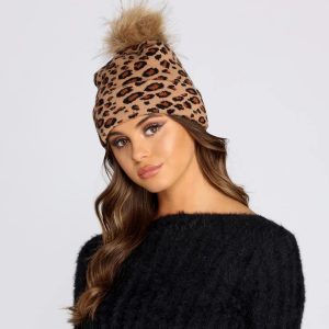 Pom Pom Leopard Print Beanie
