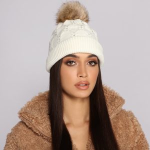 Chilly Day Rhinestone and Pom Knit Beanie